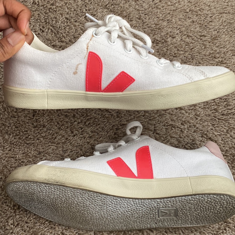 Veja Women's White Sneakers with Pink V Logo